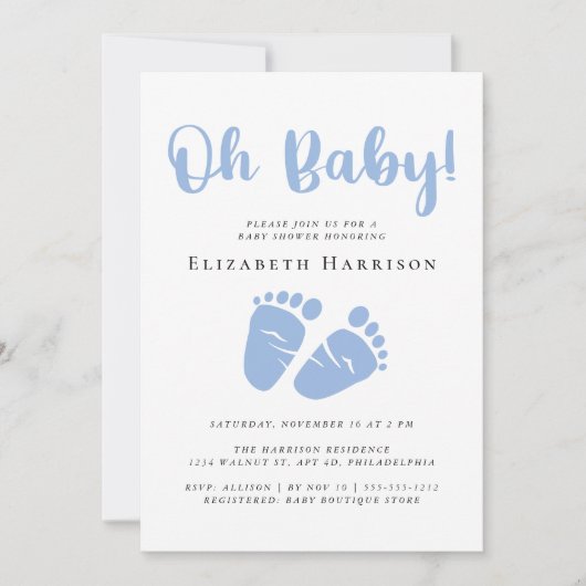 OHベビー足ブルー男の赤ちゃんシャワー 招待状 (正面)