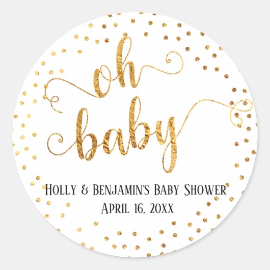 "Ohベビー"フェイクゴールドフォイル紙吹雪と名前&日付 ラウンドシール (正面)