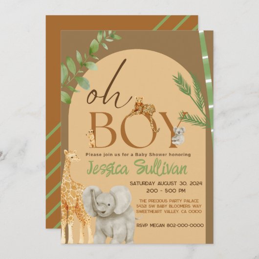 Ohボーイサファリ動物の地球トーン赤ちゃんシャワー 招待状 (正面/裏面)