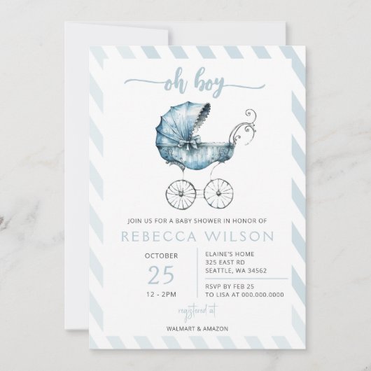 OhボーイブルーベビーカーPramボーイベビーシャワー 招待状 (正面)