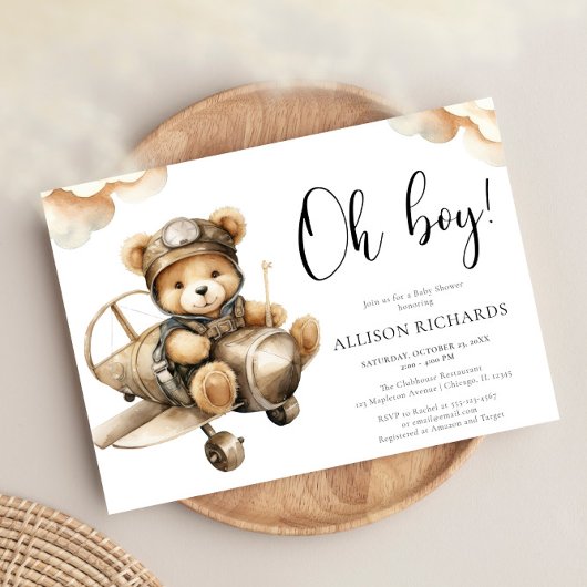 Ohボーイ飛行機ヴィンテージ飛行機男の子シャワー 招待状