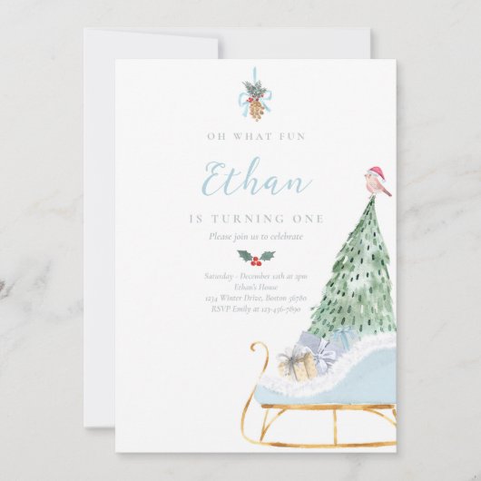 Oh何おもしろいボーイウィンタースリー1st誕生日パーティー 招待状 (正面)