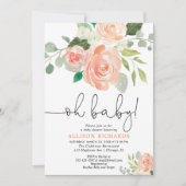 Oh女の赤ちゃんのベビーシャワーの花のモモの緑の草木 招待状 (正面)