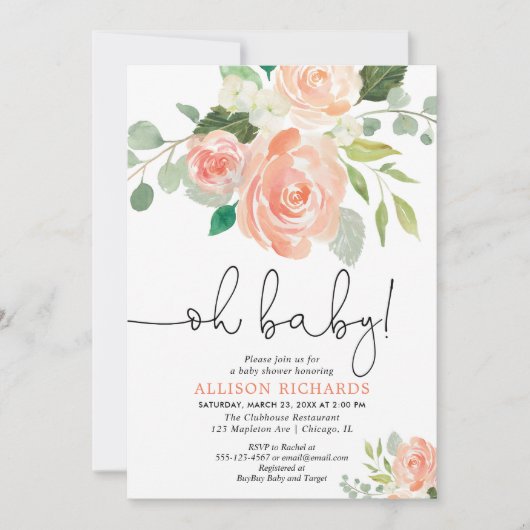 Oh女の赤ちゃんのベビーシャワーの花のモモの緑の草木 招待状 (正面)