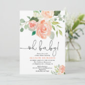 Oh女の赤ちゃんのベビーシャワーの花のモモの緑の草木 招待状 (スタンド正面)