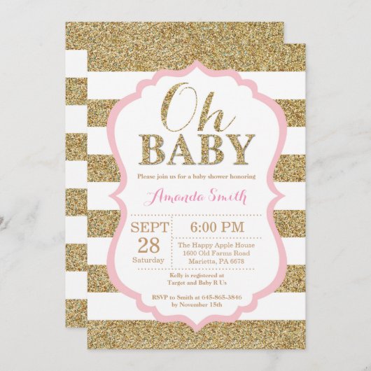Oh明るいピンクおよび金ゴールドのベビーシャワーの招待状 招待状 (正面/裏面)