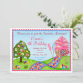 Oh甘いキャンデーの土地の誕生日のカップケーキの招待状 招待状 (スタンド正面)