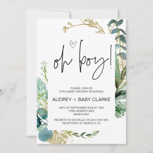 Oh男の子かわいい赤ちゃんシャワーパーティーグリーンユーカリInv 招待状 (正面)