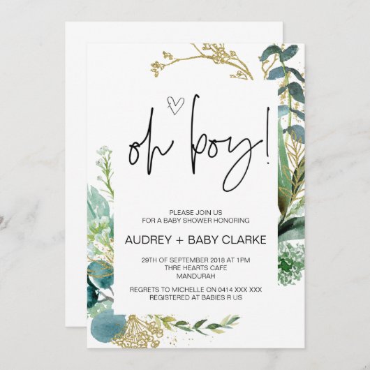 Oh男の子かわいい赤ちゃんシャワーパーティーグリーンユーカリInv 招待状 (正面/裏面)
