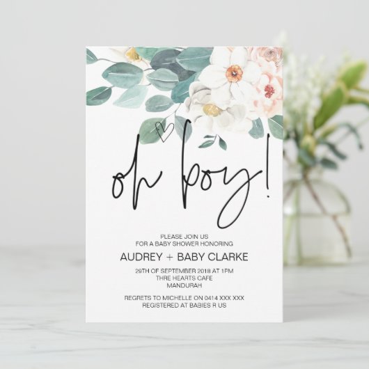 Oh男の子かわいい赤ちゃんシャワーパーティー赤面フローラ 招待状 (スタンド正面)
