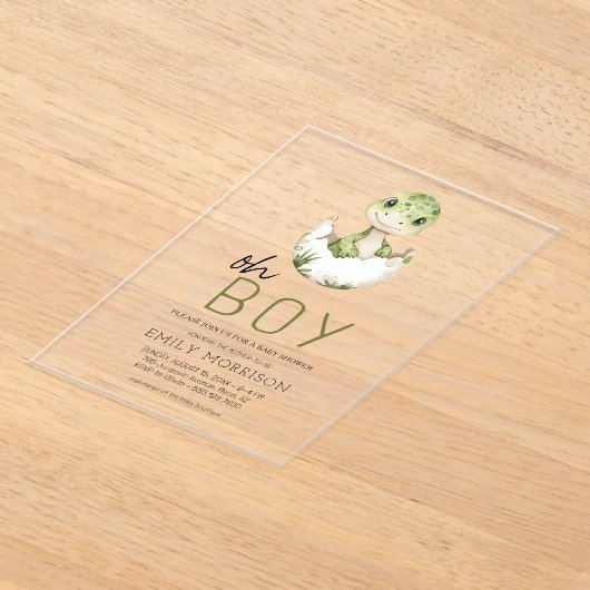 Oh男の子の恐竜かわいい男の赤ちゃん アクリル招待状 (レイダウン)