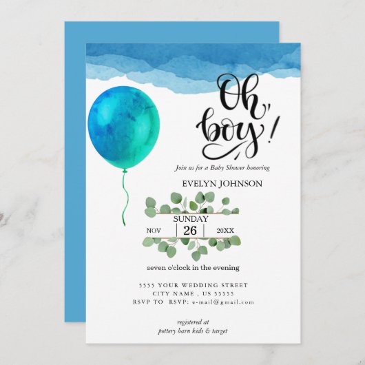 Oh男の子の水の色の青い雲ベビーシャワー 招待状 (正面/裏面)