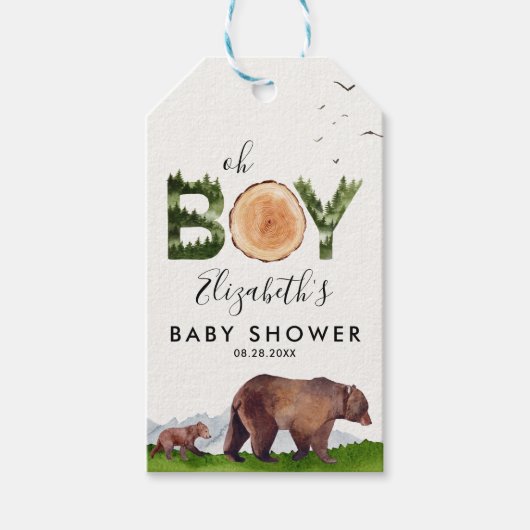 Oh男の子の水の色ウッドランド熊ベビーシャワー ギフトタグ