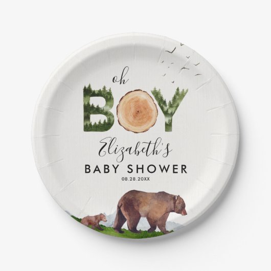 Oh男の子の水の色ウッドランド熊ベビーシャワー ペーパープレート (正面)