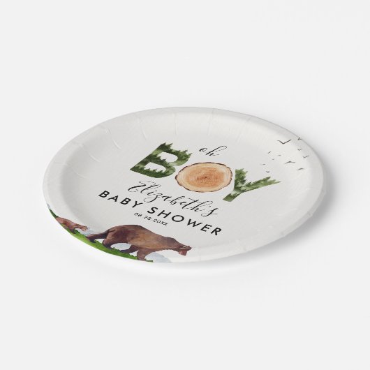 Oh男の子の水の色ウッドランド熊ベビーシャワー ペーパープレート (アングル)