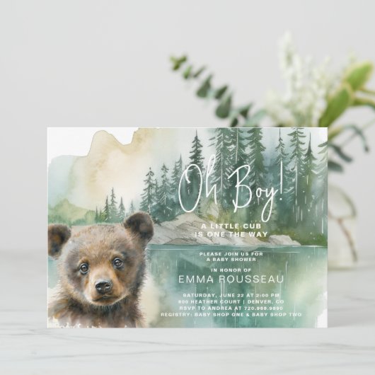 Oh男の子の水の色クマかわいい赤ちゃんシャワー 招待状 (スタンド正面)