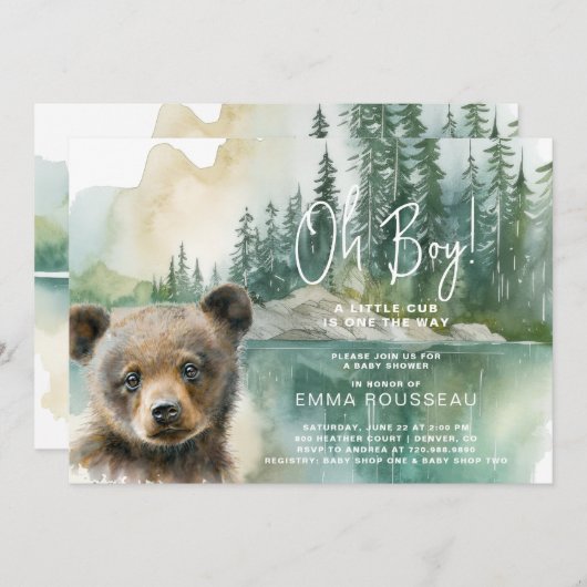 Oh男の子の水の色クマかわいい赤ちゃんシャワー 招待状 (正面/裏面)