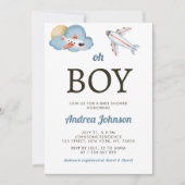 Oh男の子の水色の飛行機の雲の空の赤ちゃんシャワー セーブザデート (正面)