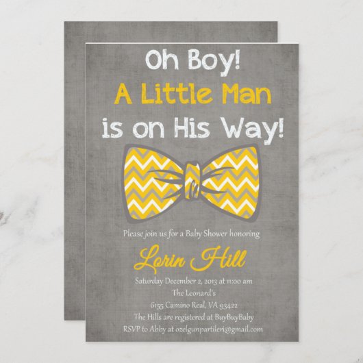 Oh男の子の黄色の灰色の弓タイ赤ちゃんシャワー招待 招待状 (正面/裏面)