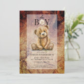 Oh男の子テディベア木素朴粒ベビーシャワー 招待状 (スタンド正面)