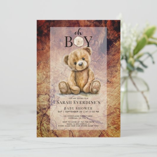 Oh男の子テディベア木素朴粒ベビーシャワー 招待状 (スタンド正面)