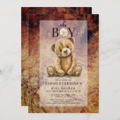 Oh男の子テディベア木素朴粒ベビーシャワー 招待状 (正面/裏面)