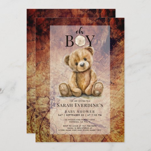Oh男の子テディベア木素朴粒ベビーシャワー 招待状 (正面/裏面)