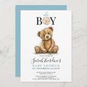 Oh男の子テディベア水の色ベビーシャワー 招待状 (正面/裏面)