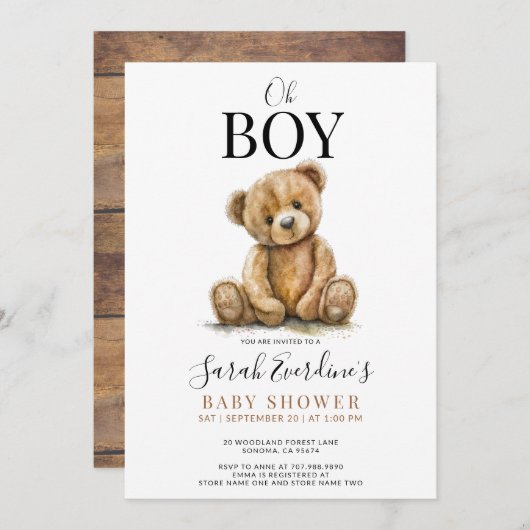 Oh男の子テディベア水の色ベビーシャワー 招待状 (正面/裏面)