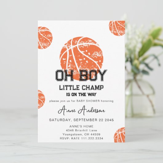 Oh男の子バスケットボールゲームスポーツベビーシャワーパーティー 招待状 (スタンド正面)