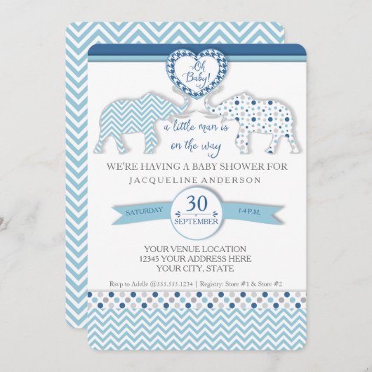 Oh男の赤ちゃんシャワーハートゾウリトルマン 招待状 (正面/裏面)