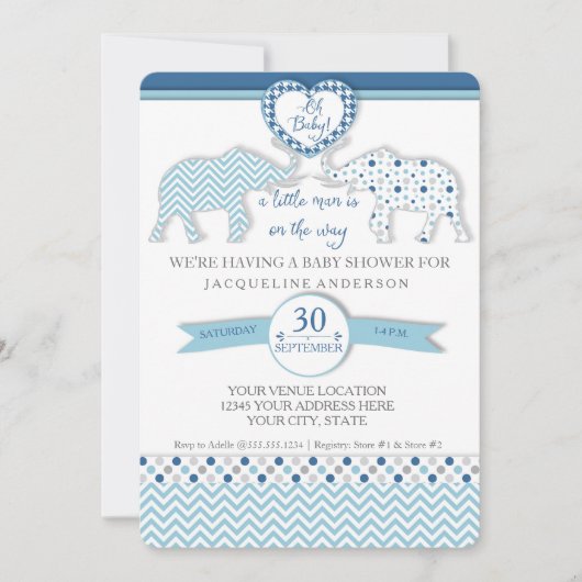Oh男の赤ちゃんシャワーハートゾウリトルマン 招待状 (正面)