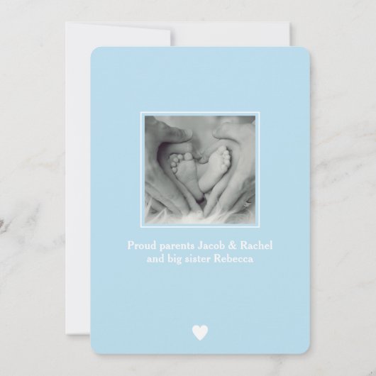 OH男の赤ちゃんブルースクリプトコラージュフォト誕生 案内状 (裏面)