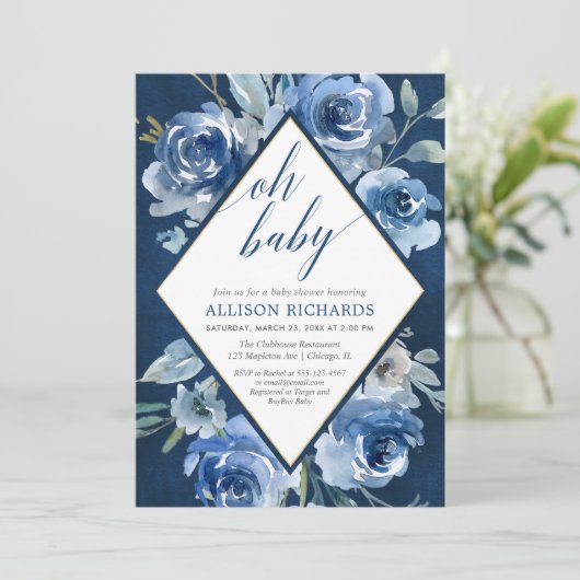 Oh空色の花の水彩画の男の子のベビーシャワー 招待状 (スタンド正面)