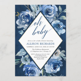 Oh空色の花の水彩画の男の子のベビーシャワー 招待状