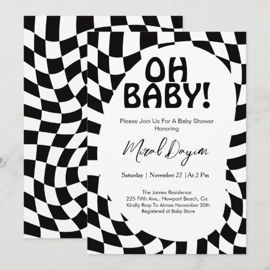 Oh ベイビー！ ブラック チェック柄 モダン ベイビー シャワー 招待状 (正面/裏面)