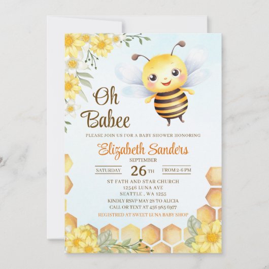 Oh Babee, Baby shower with Cute Wild bee 招待状 (正面)