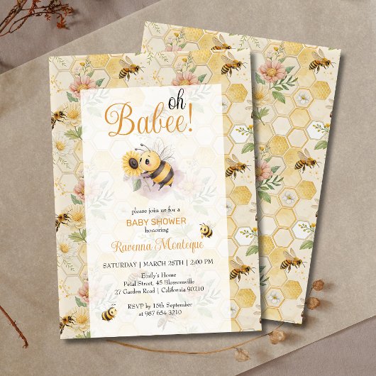 Oh Babee Honeycomb Floral Bee Custom Baby Shower 招待状