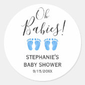 Oh Babies Blue Feet Twins Baby Shower ラウンドシール (正面)