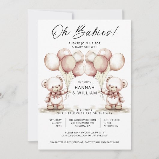 Oh Babies Twins Cute Watercolor Bears Baby Shower 招待状 (正面)