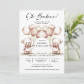 Oh Babies Twins Cute Watercolor Bears Baby Shower 招待状 (スタンド正面)