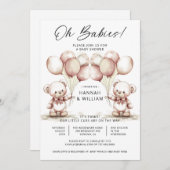 Oh Babies Twins Cute Watercolor Bears Baby Shower 招待状 (正面/裏面)