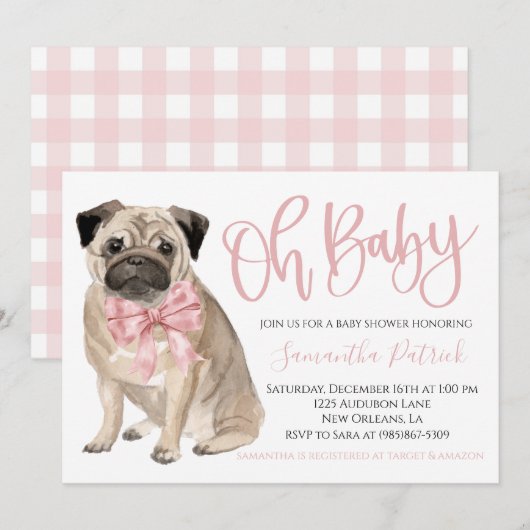 Oh Baby! かわいい犬 ピンクのパピー 犬のシャワー 招待状 (正面/裏面)