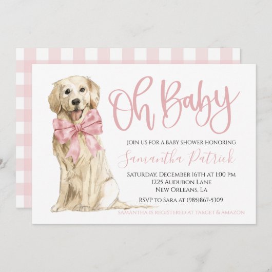 Oh Baby! かわいい犬 ピンクの子犬のシャワー 招待状 (正面/裏面)