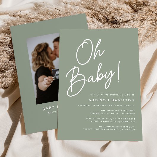 Oh Baby スクリプト セージグリーン 写真 ベビーシャワー 招待状