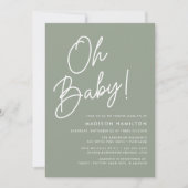 Oh Baby スクリプト セージグリーン 写真 ベビーシャワー 招待状 (正面)
