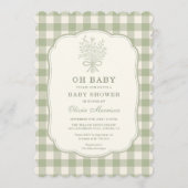 Oh Baby セージグリーンのギンガムチェック ベビーシャワー 招待状 (正面)