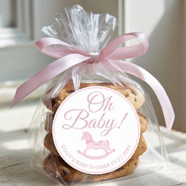 Oh Baby ピンクのロッキングホース ベビーシャワーのギフト袋シール ラウンドシール