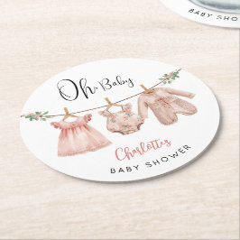 Oh Baby ピンクの花柄ベビーシャワー  ラウンドペーパーコースター