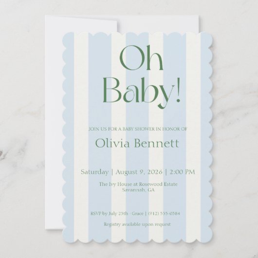 Oh Baby ブルーストライプ ベビーシャワー招待状 招待状 (正面)